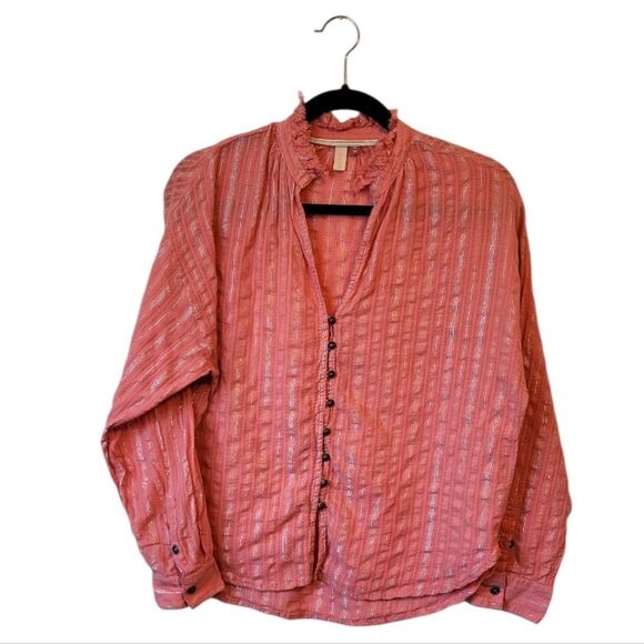 Pilcro Women's Dusty Rose Metallic Stripe Cotton Boho Blouse Size XS - Picture 1 of 6